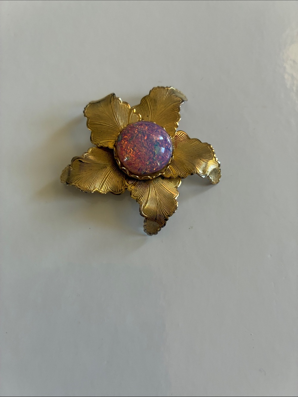 Vintage Gold Tone Floral Brooch with Iridescent Pink Center